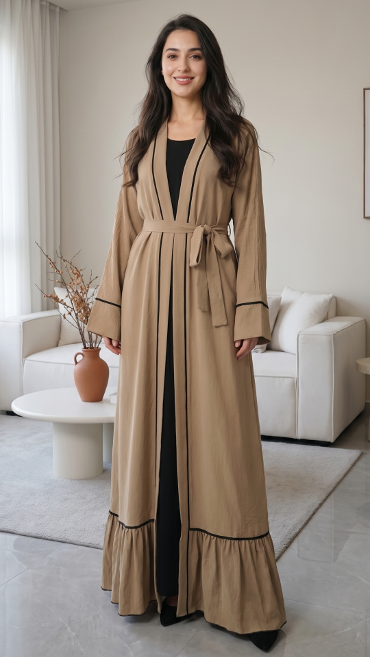Wholesale Peanut Brown Shrug with Piping Work and a Belt 