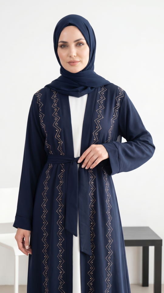 Modest Dress With Shrug And White Thread And Pearl Work On Front In Navy Blue And Off White