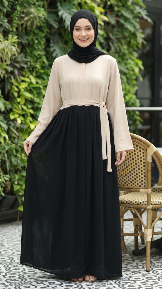 Wholesale FrontOpen Modest Dress with a Belt in Almond and Black