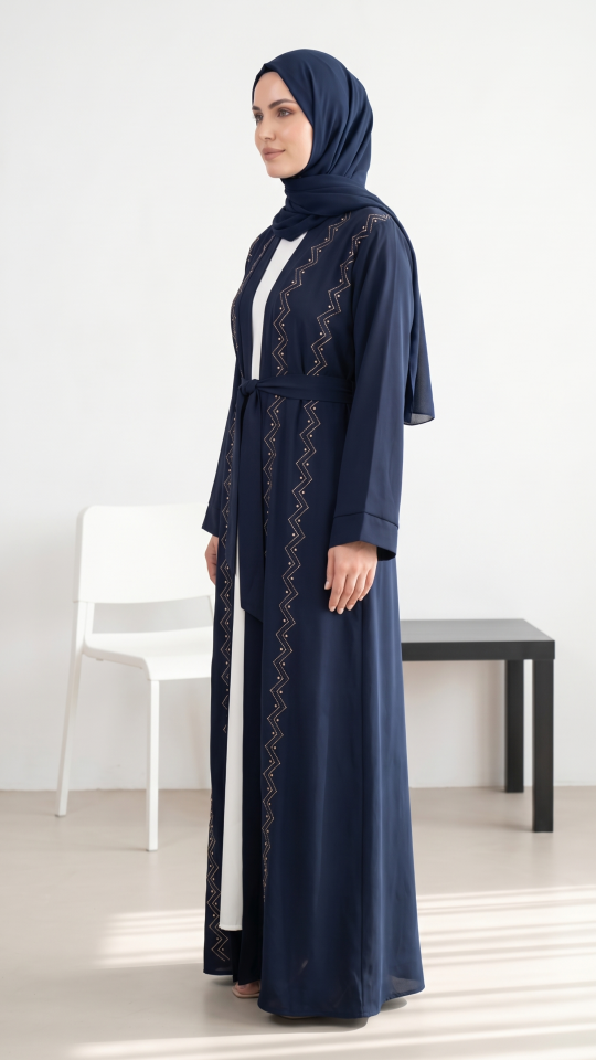 Modest Dress With Shrug And White Thread And Pearl Work On Front In Navy Blue And Off White