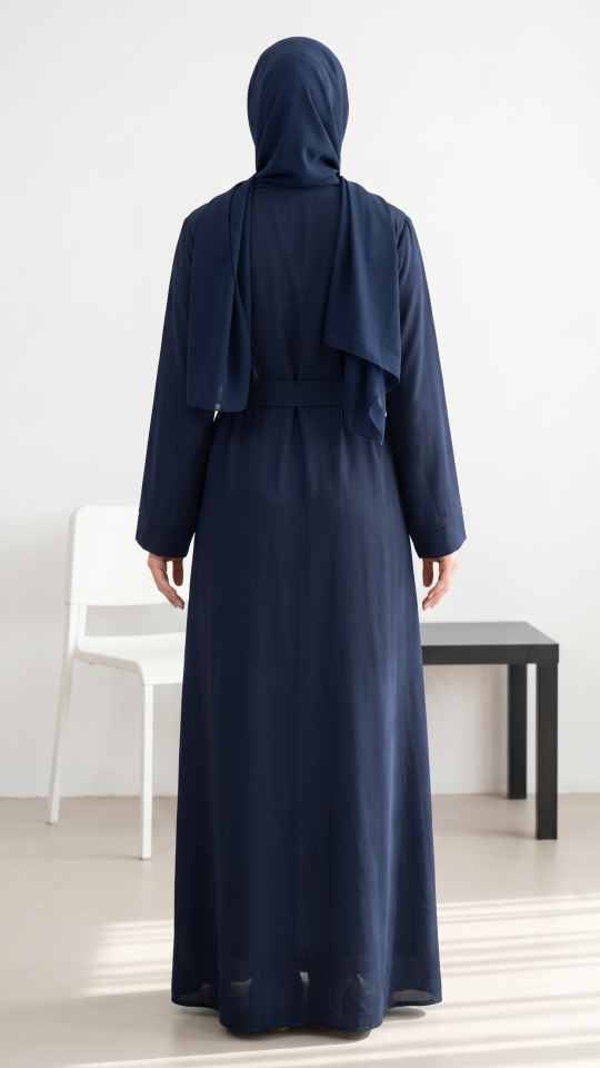 Modest Dress With Shrug And White Thread And Pearl Work On Front In Navy Blue And Off White