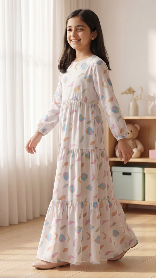 Wholesale Off White Kids Modest Dress With Mordant Print