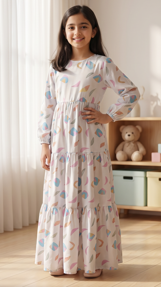 Wholesale Off White Kids Modest Dress With Mordant Print