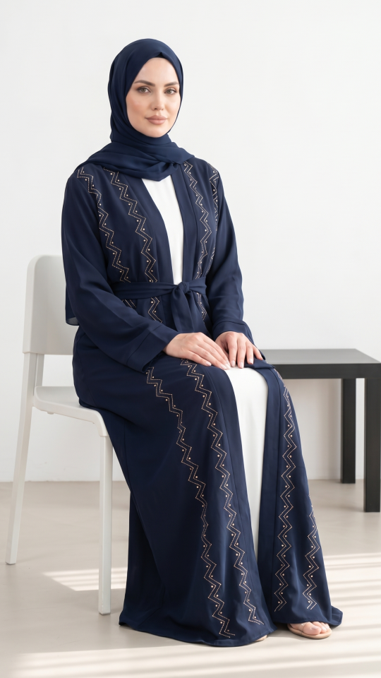 Modest Dress With Shrug And White Thread And Pearl Work On Front In Navy Blue And Off White
