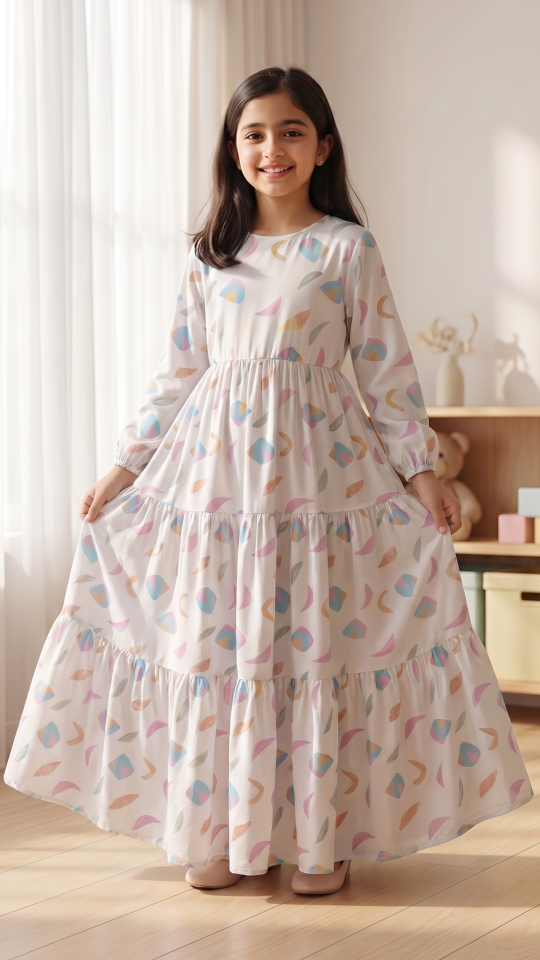 Wholesale Off White Kids Modest Dress With Mordant Print