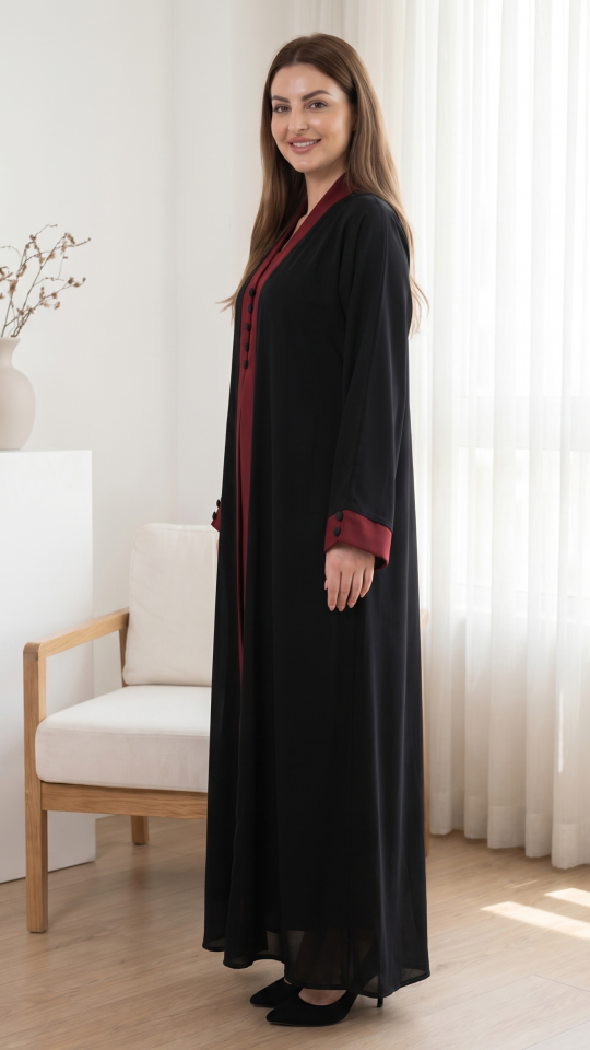 Wholesale Stylish Abaya with an Attached Shrug in Black with a Maroon Border