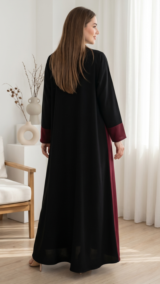 Wholesale Stylish Abaya with an Attached Shrug in Black with a Maroon Border
