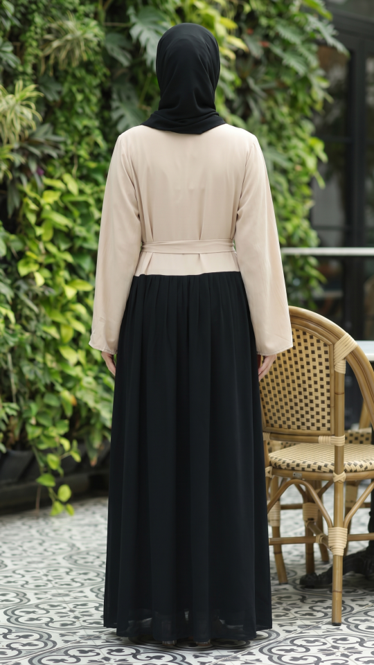 Wholesale FrontOpen Modest Dress with a Belt in Almond and Black