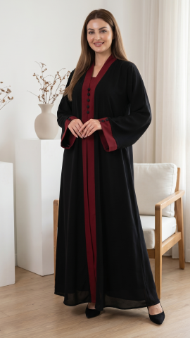 Wholesale Black Glorious Abaya With an Attached Shrug and Maroon Border