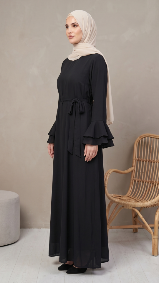 Wholesale Black CEY Abaya with Layered Sleeves and a Belt 