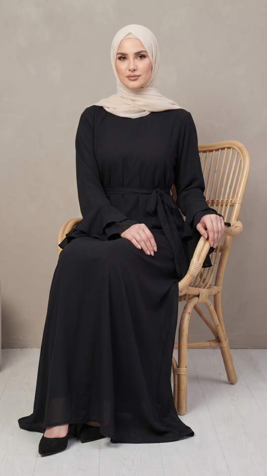 Wholesale Black CEY Abaya with Layered Sleeves and a Belt 