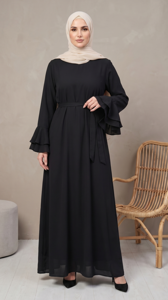 Wholesale Black CEY Abaya with Layered Sleeves and a Belt 