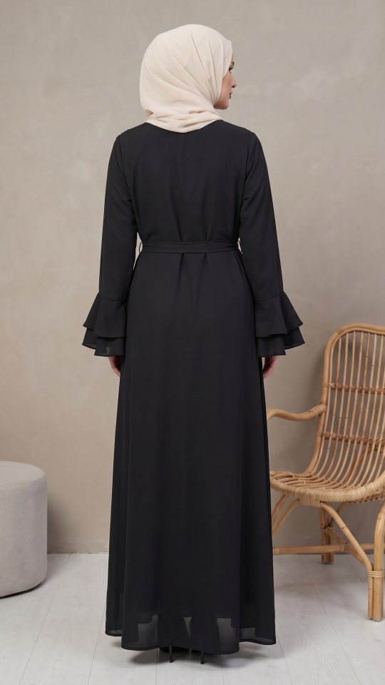 Wholesale Black CEY Abaya with Layered Sleeves and a Belt 