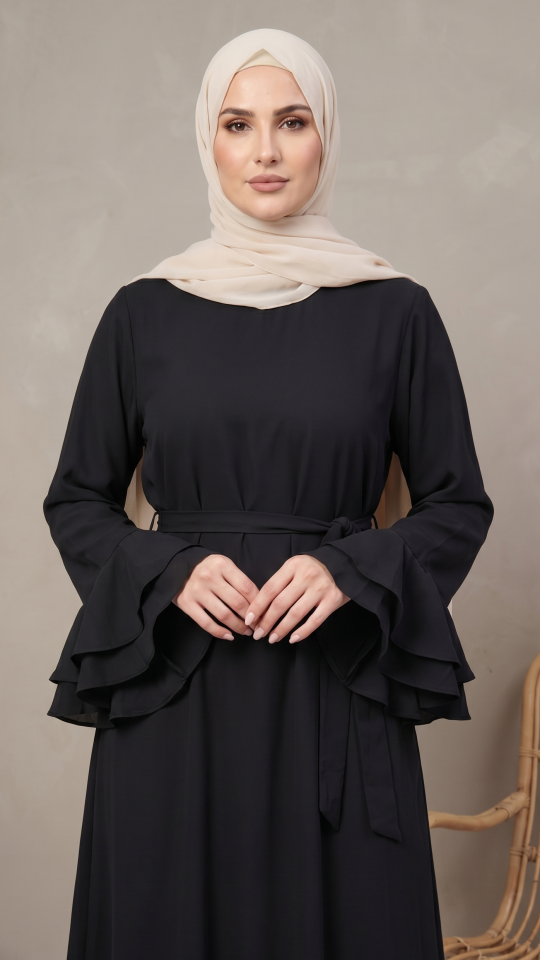 Wholesale Black CEY Abaya with Layered Sleeves and a Belt 
