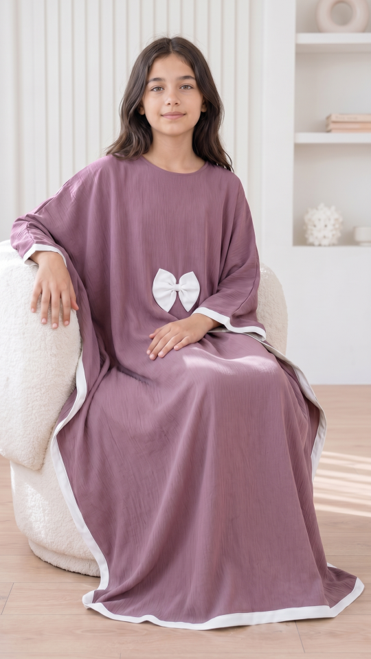 Wholesale Dull Magenta and Off White Kids Kaftan with a Bow and Band Work 