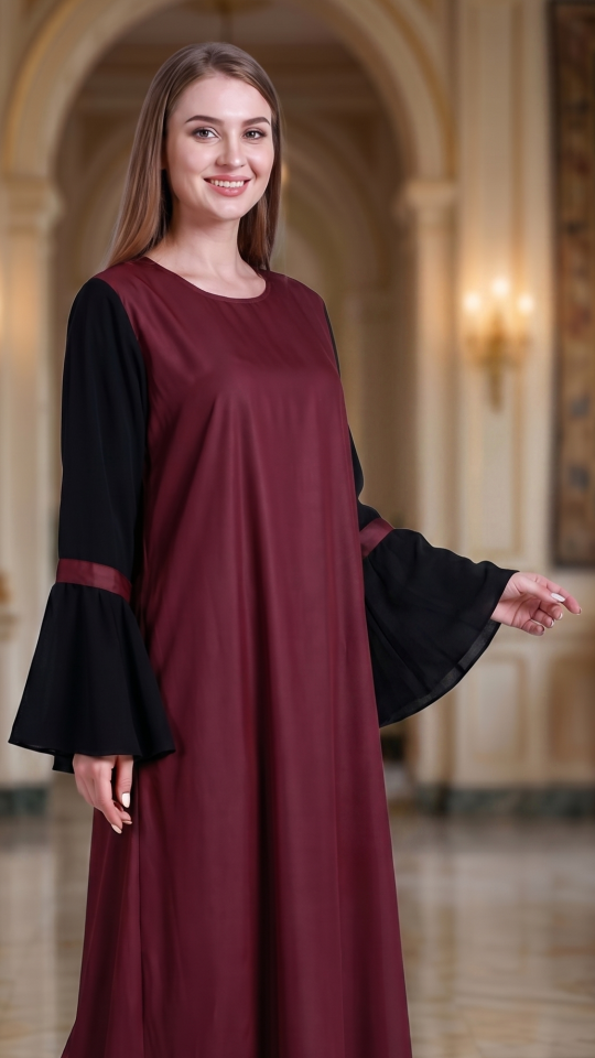 Bulk Modest Abaya with Bell Sleeves in Maroon and Black