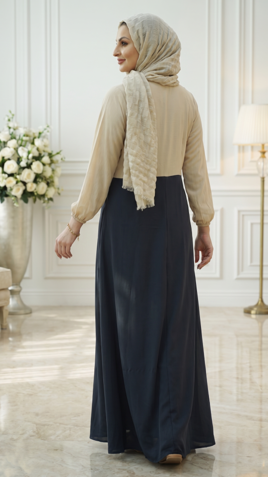 Modest Dress with Show Buttons on the Front in Dark Grey and Cream