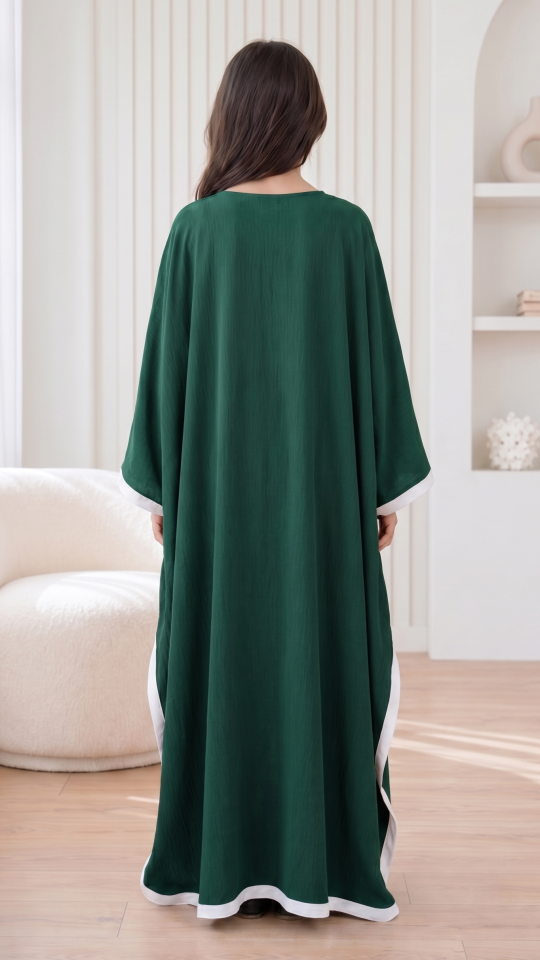 Wholesale Kids Kaftan with a Bow and Band Work in Dark Green and Off White