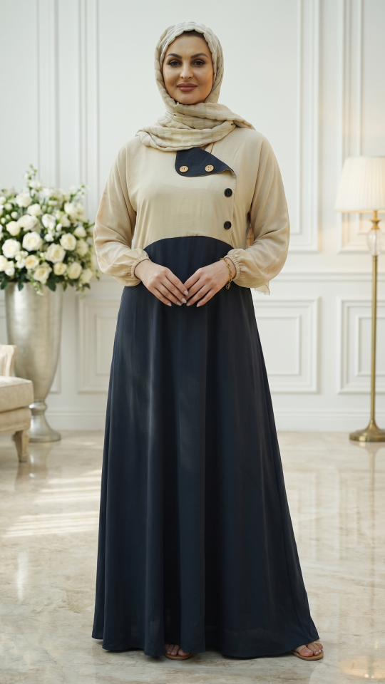 Modest Dress with Show Buttons on the Front in Dark Grey and Cream