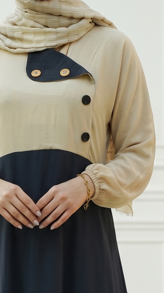 Modest Dress with Show Buttons on the Front in Dark Grey and Cream