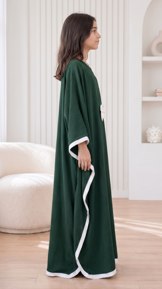 Wholesale Kids Kaftan with a Bow and Band Work in Dark Green and Off White