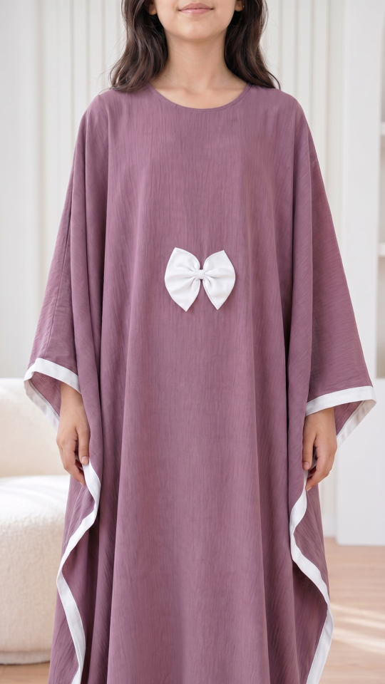 Wholesale Dull Magenta and Off White Kids Kaftan with a Bow and Band Work 