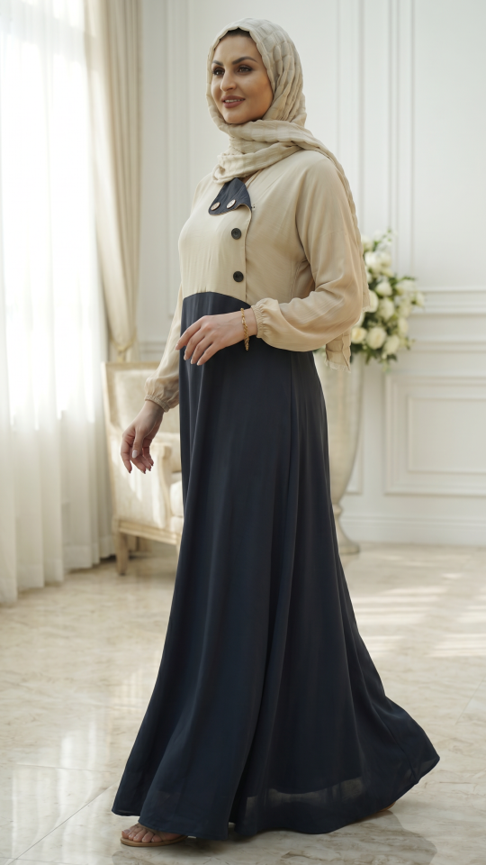 Modest Dress with Show Buttons on the Front in Dark Grey and Cream