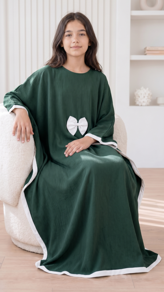 Wholesale Kids Kaftan with a Bow and Band Work in Dark Green and Off White