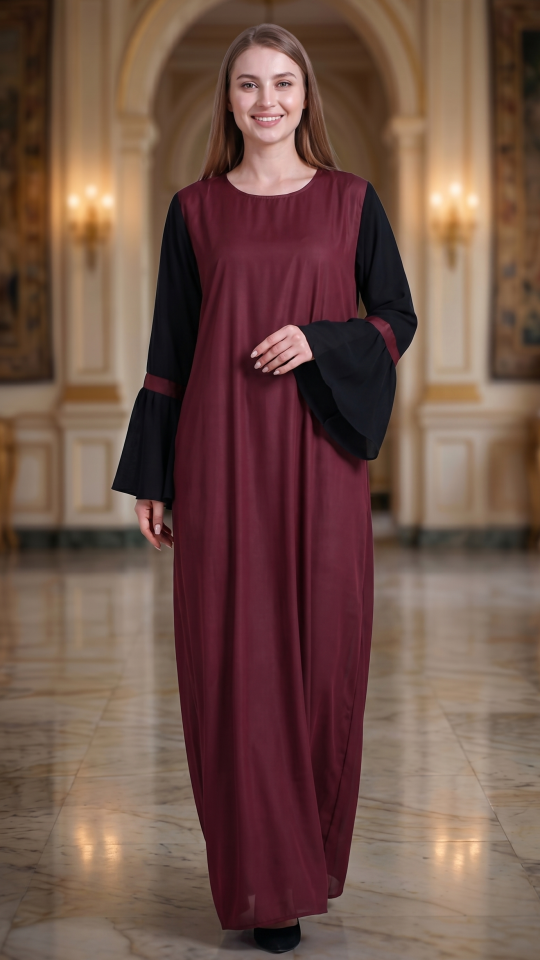 Bulk Modest Abaya with Bell Sleeves in Maroon and Black