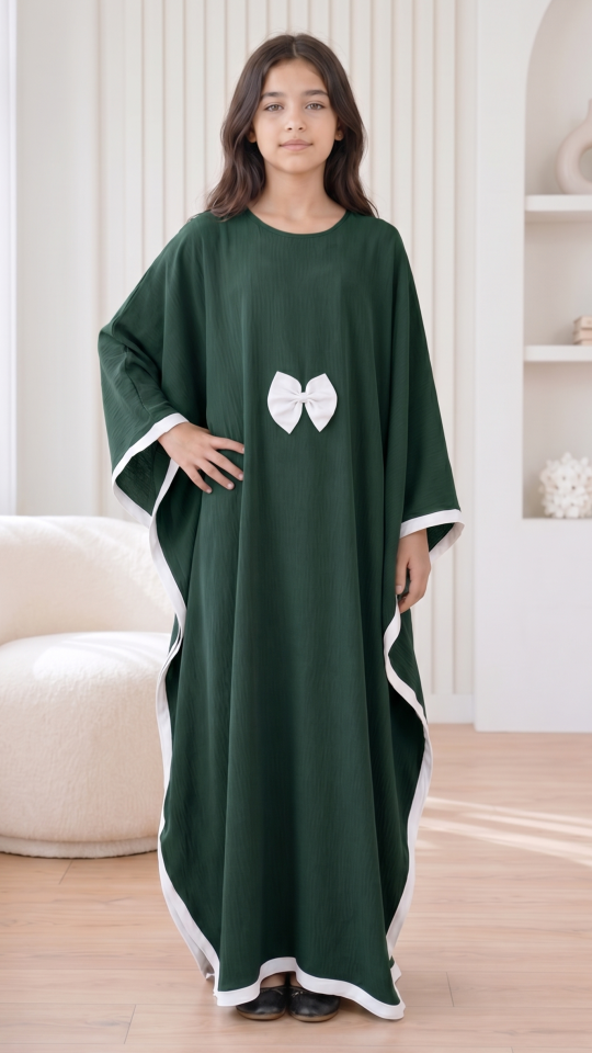 Wholesale Kids Kaftan with a Bow and Band Work in Dark Green and Off White