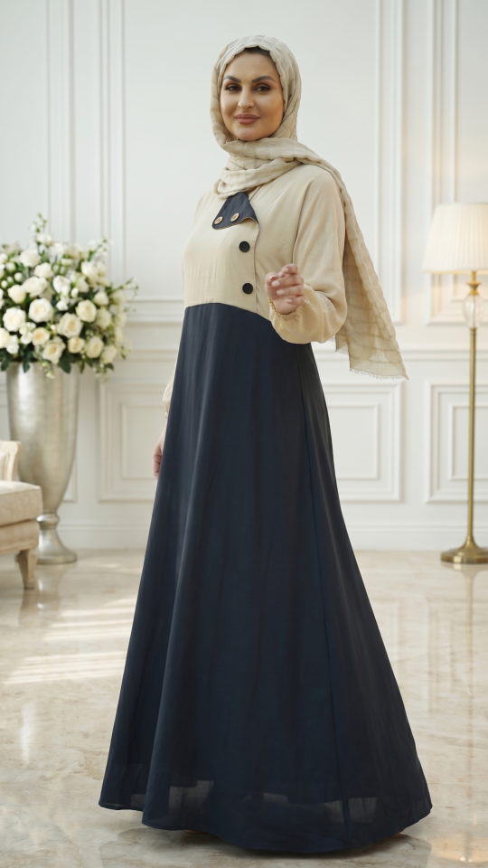 Modest Dress with Show Buttons on the Front in Dark Grey and Cream