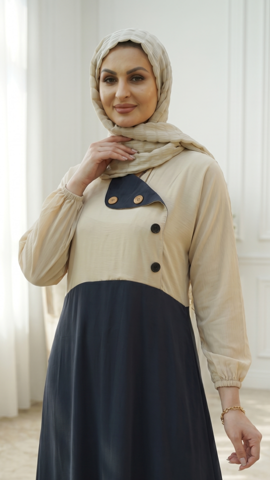 Modest Dress with Show Buttons on the Front in Dark Grey and Cream