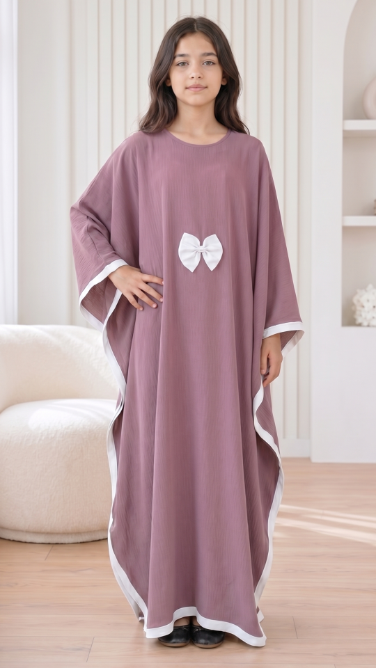 Wholesale Dull Magenta and Off White Kids Kaftan with a Bow and Band Work 