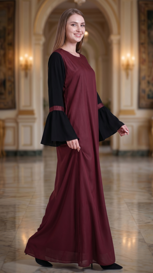 Bulk Modest Abaya with Bell Sleeves in Maroon and Black