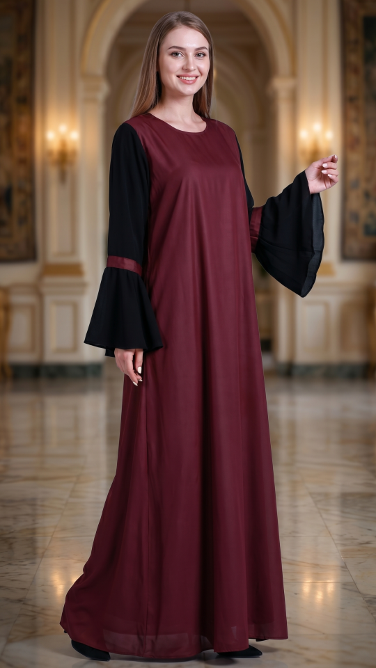 Bulk Modest Abaya with Bell Sleeves in Maroon and Black