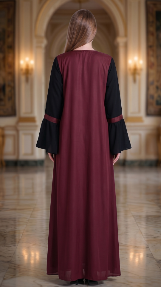 Bulk Modest Abaya with Bell Sleeves in Maroon and Black