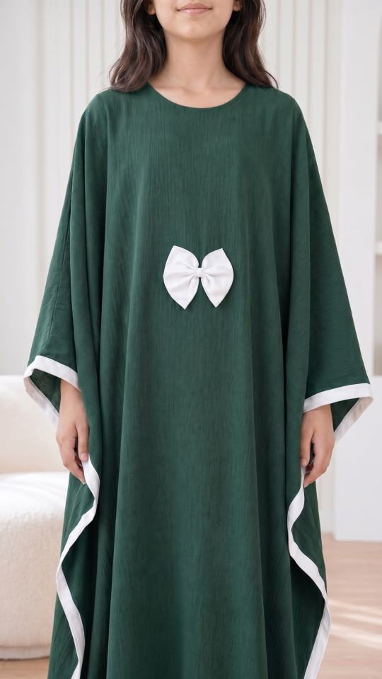 Wholesale Kids Kaftan with a Bow and Band Work in Dark Green and Off White