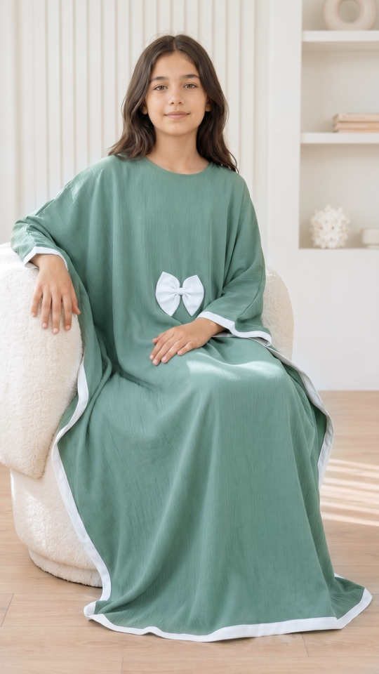Wholesale Teal and Off White Kids Kaftan with a Bow and Band Work 