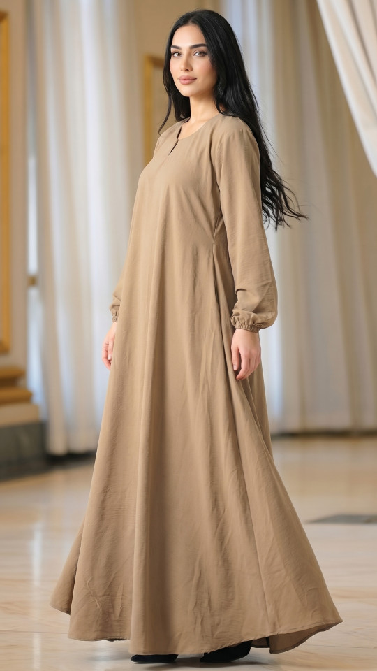 Traditional Abaya with Elastic Sleeve Bottoms in Peanut Brown