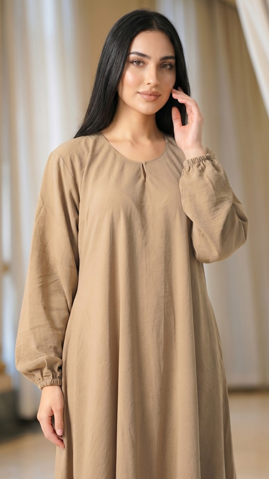 Traditional Abaya with Elastic Sleeve Bottoms in Peanut Brown