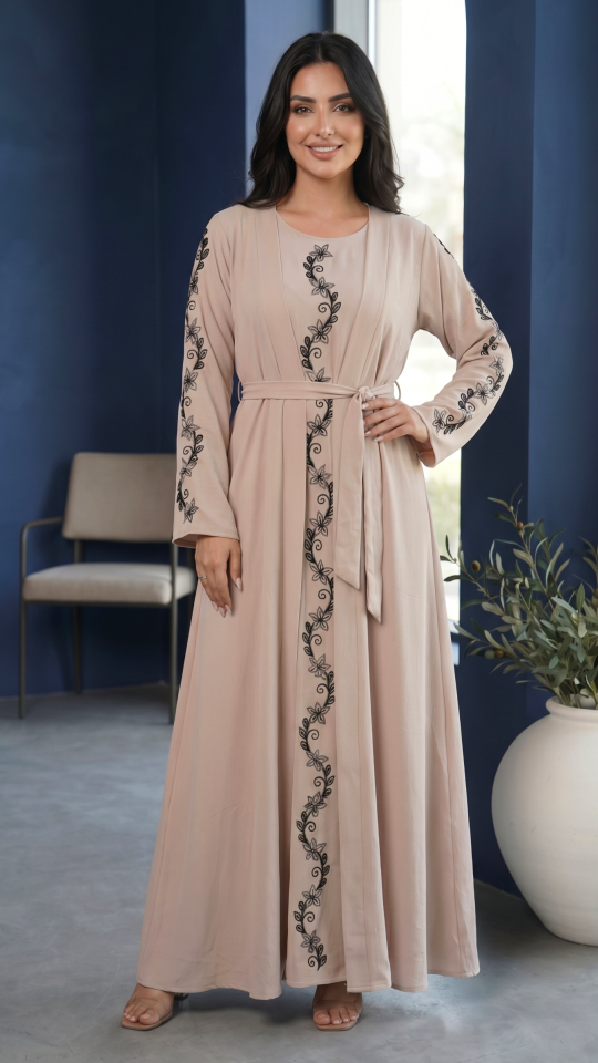 Wholesale Shrug Abaya with Handwork on the Front and Sleeves in Almond