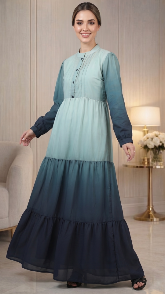Ombre Modest Dress With Show Buttons