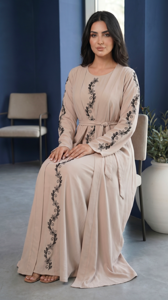 Wholesale Shrug Abaya with Handwork on the Front and Sleeves in Almond