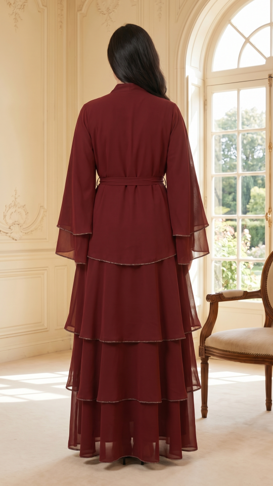 Front Open Layered Dress with Stone Lace in Dark Maroon