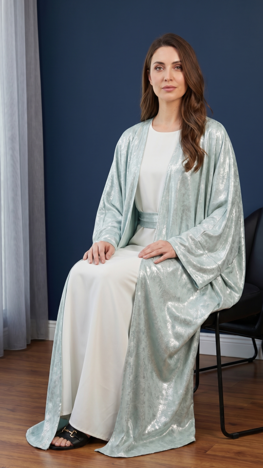 Bulk Timeless Mint Green Milan Foil Shrug  Abaya with Off White Inner 