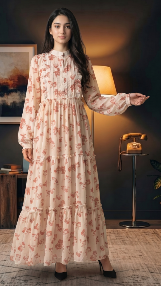 OffWhite FloralPrinted Modest Dress 