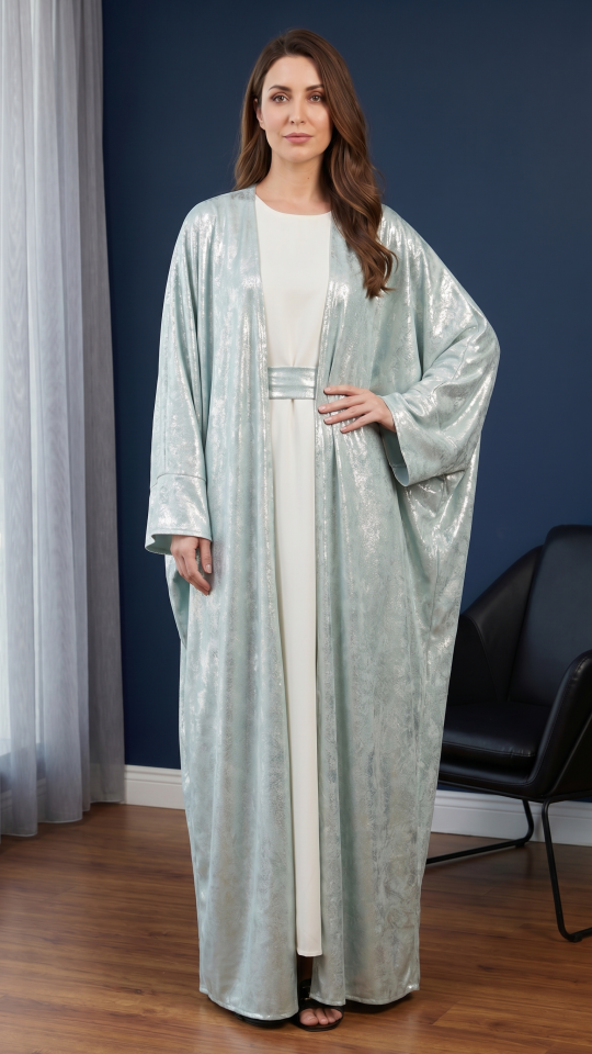 Bulk Timeless Mint Green Milan Foil Shrug  Abaya with Off White Inner 
