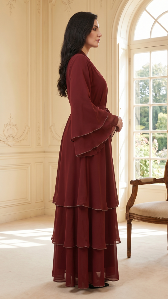 Front Open Layered Dress with Stone Lace in Dark Maroon