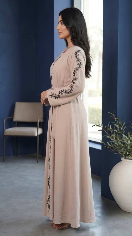 Wholesale Shrug Abaya with Handwork on the Front and Sleeves in Almond