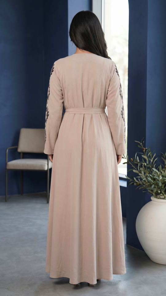 Wholesale Shrug Abaya with Handwork on the Front and Sleeves in Almond